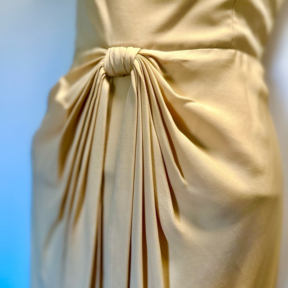 Armani Collezioni Pleated Bow Silk Rayon Dress in Beige with twisted Straps